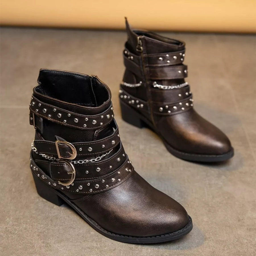 Studded Buckle Ankle Boots Apparel and Accessories