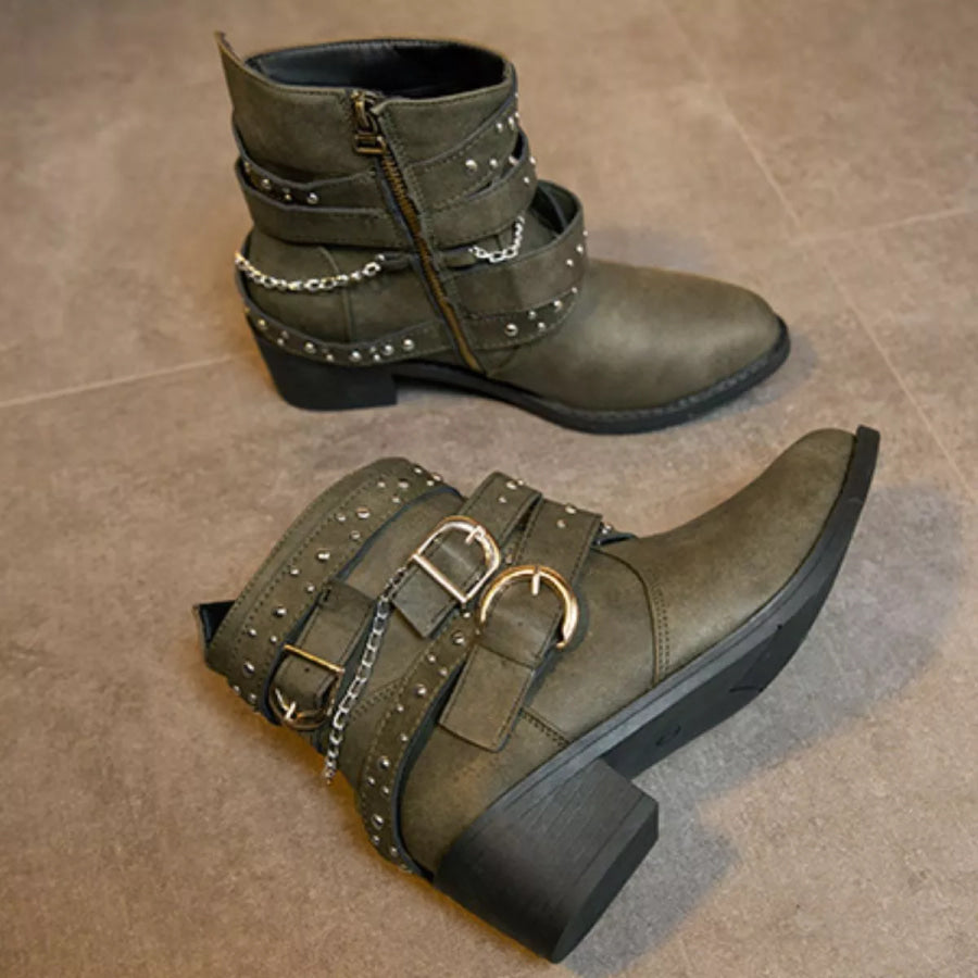Studded Buckle Ankle Boots Apparel and Accessories