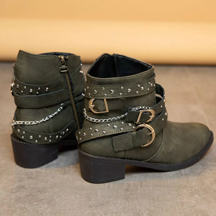 Studded Buckle Ankle Boots Green / 35 Apparel and Accessories