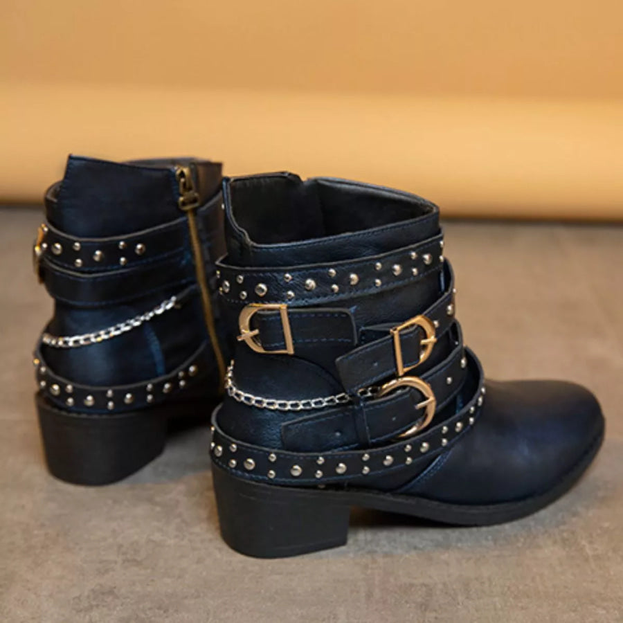 Studded Buckle Ankle Boots Apparel and Accessories