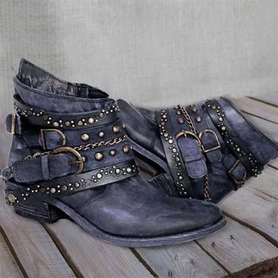 Studded Buckle Ankle Boots Blue / 35 Apparel and Accessories