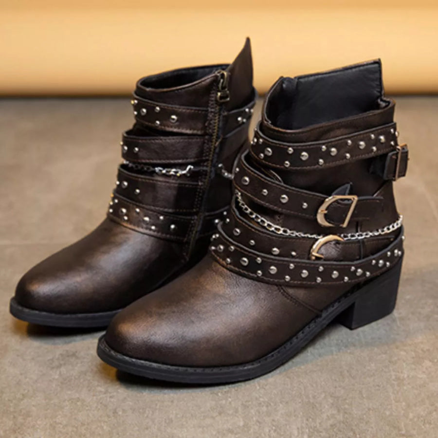Studded Buckle Ankle Boots Brown / 35 Apparel and Accessories