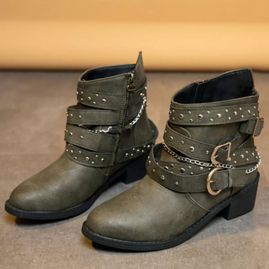 Studded Buckle Ankle Boots Green / 35 Apparel and Accessories