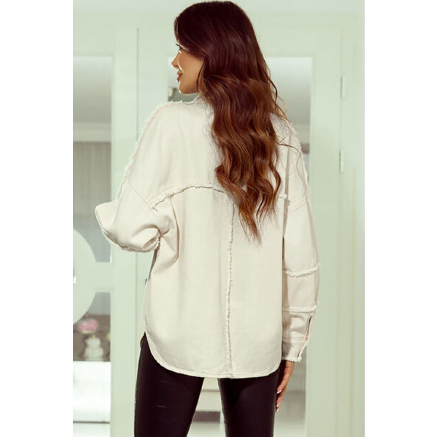 Studded Button Up Collared Neck Denim Jacket Ivory / S Clothing