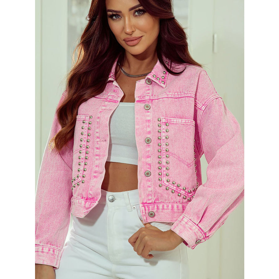 Studded Button Up Denim Jacket Blush Pink / S Apparel and Accessories