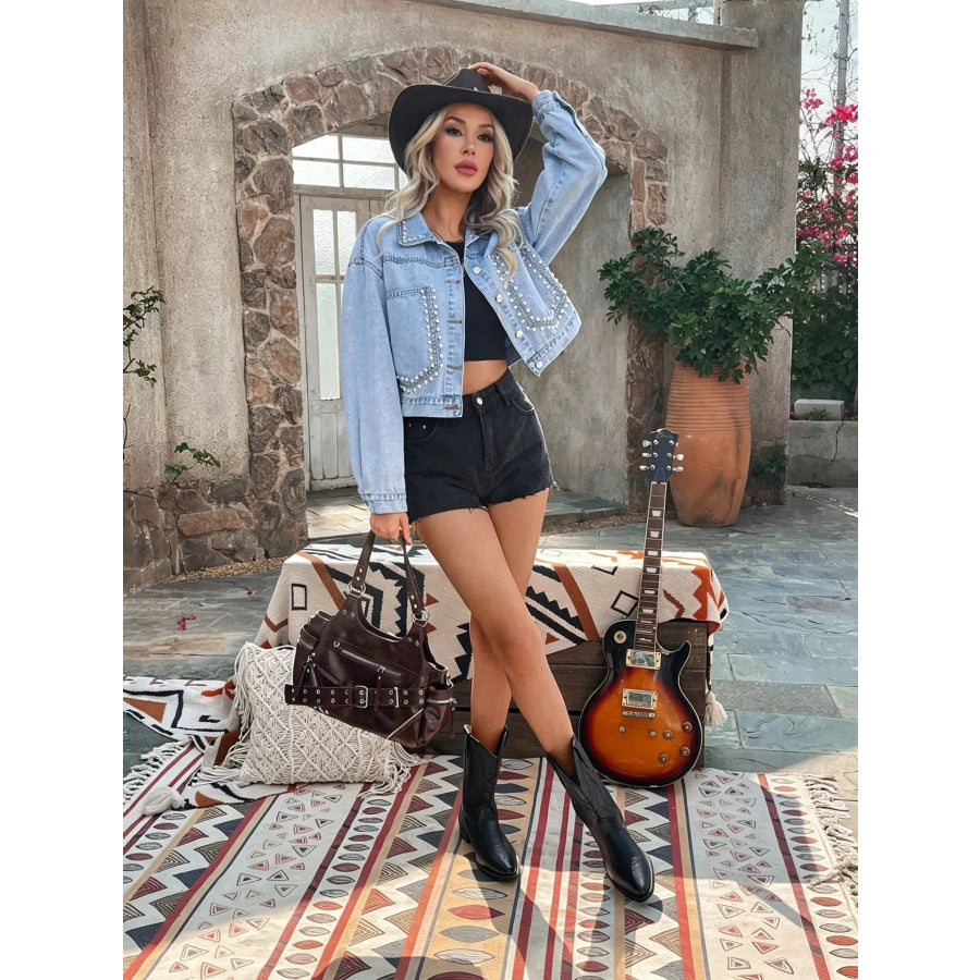 Studded Button Up Denim Jacket Apparel and Accessories