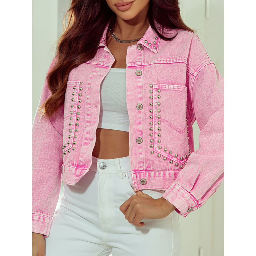 Studded Button Up Denim Jacket Blush Pink / S Apparel and Accessories