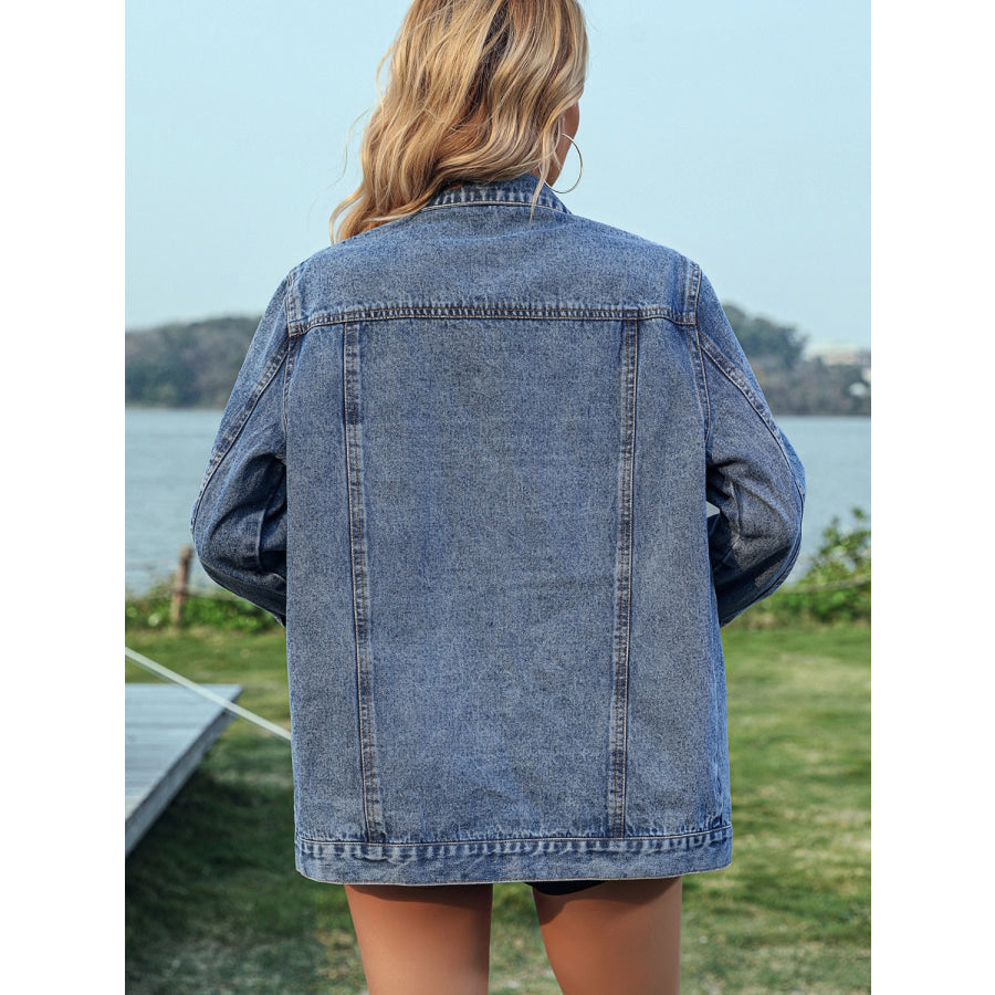 Studded Button Up Long Sleeve Denim Jacket Apparel and Accessories