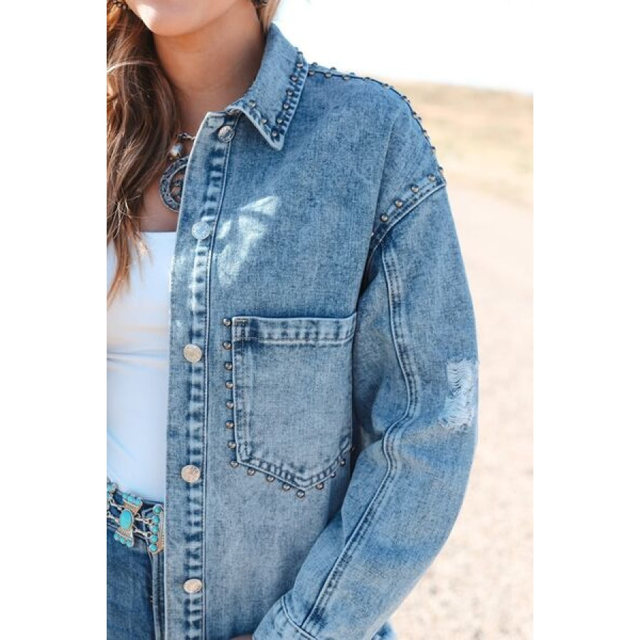 Studded Button Up Raw Hem Denim Jacket Clothing