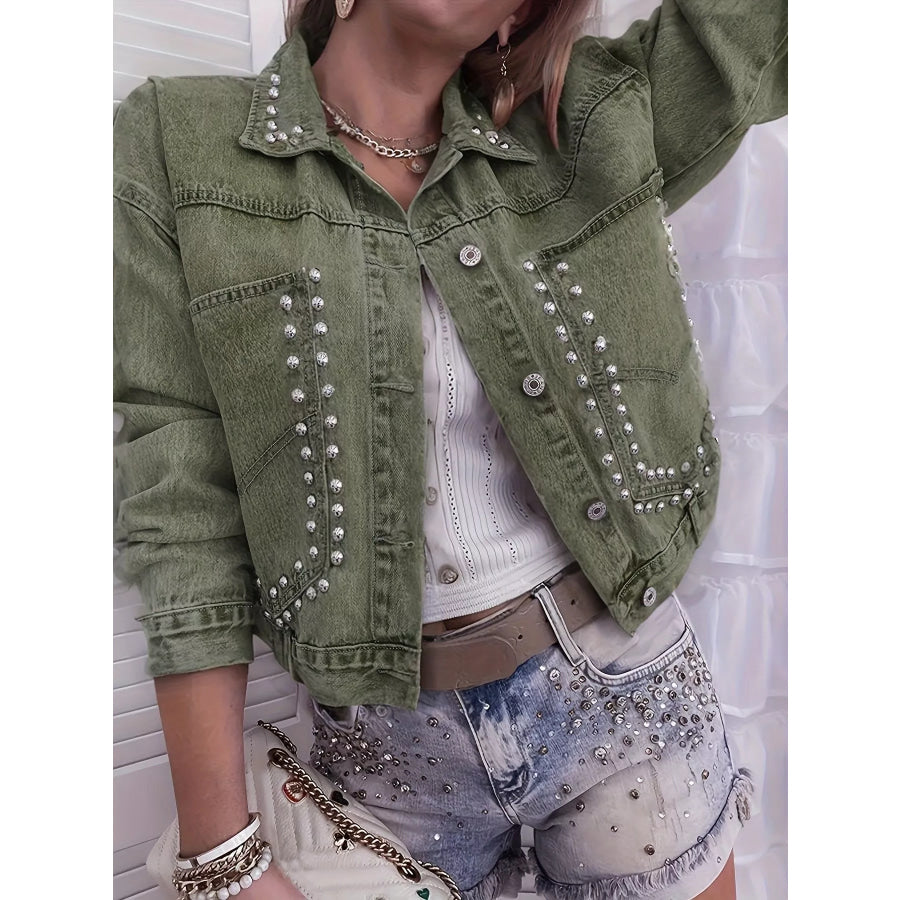 Studded Button Up Wash Denim Jacket Apparel and Accessories