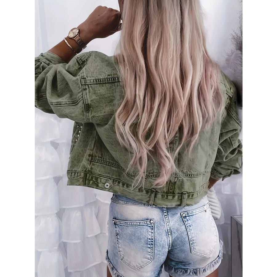 Studded Button Up Wash Denim Jacket Apparel and Accessories