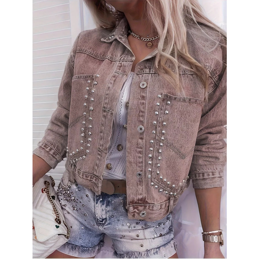 Studded Button Up Wash Denim Jacket Apparel and Accessories