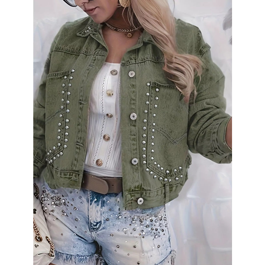 Studded Button Up Wash Denim Jacket Apparel and Accessories