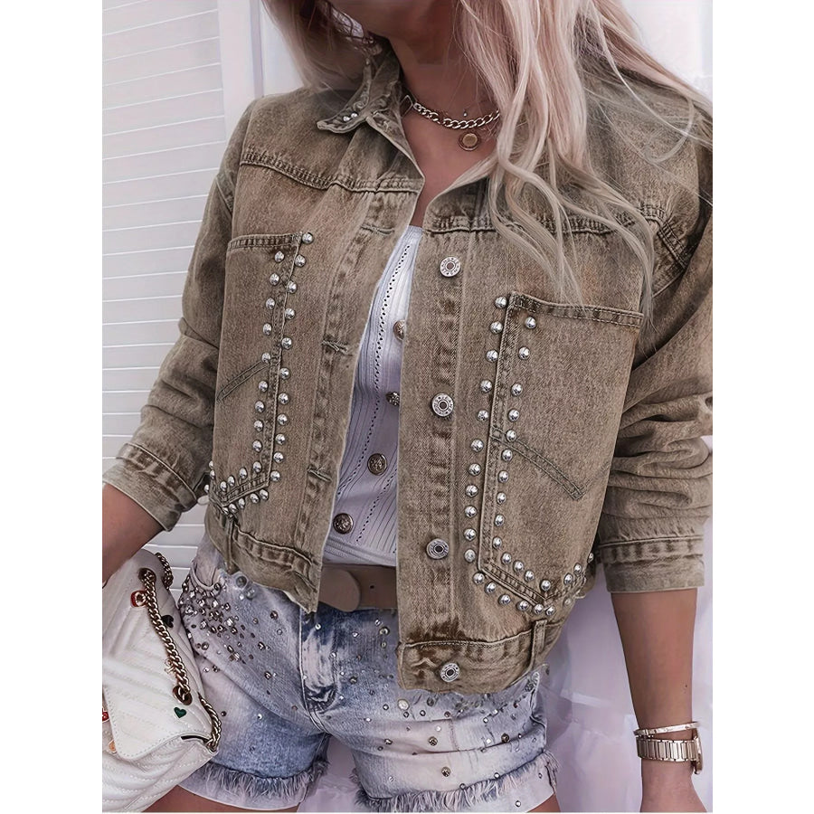 Studded Button Up Wash Denim Jacket Khaki / XS Apparel and Accessories