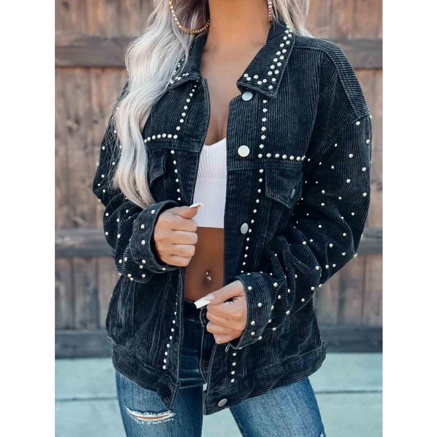 Studded Collared Neck Button Down Jacket Black / S Clothing