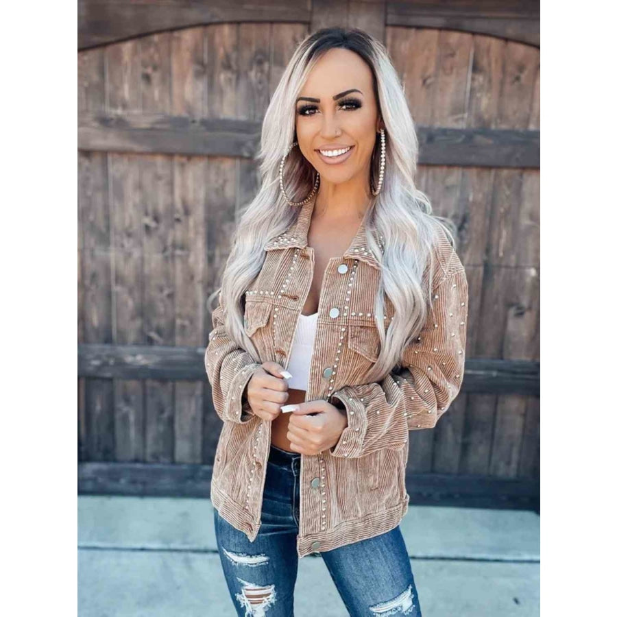 Studded Collared Neck Button Down Jacket Clothing