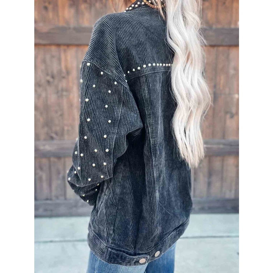 Studded Collared Neck Button Down Jacket Clothing