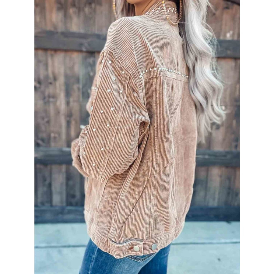 Studded Collared Neck Button Down Jacket Tan / S Clothing