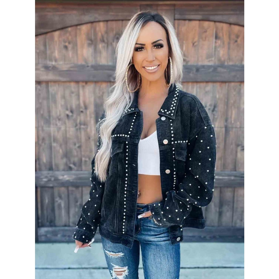 Studded Collared Neck Button Down Jacket Clothing