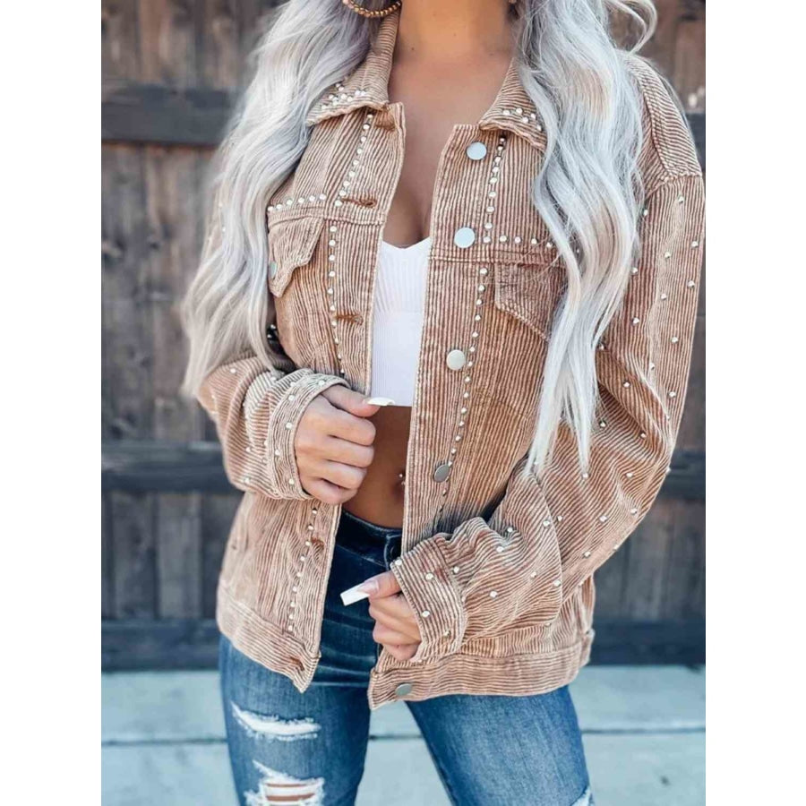 Studded Collared Neck Button Down Jacket Tan / S Clothing