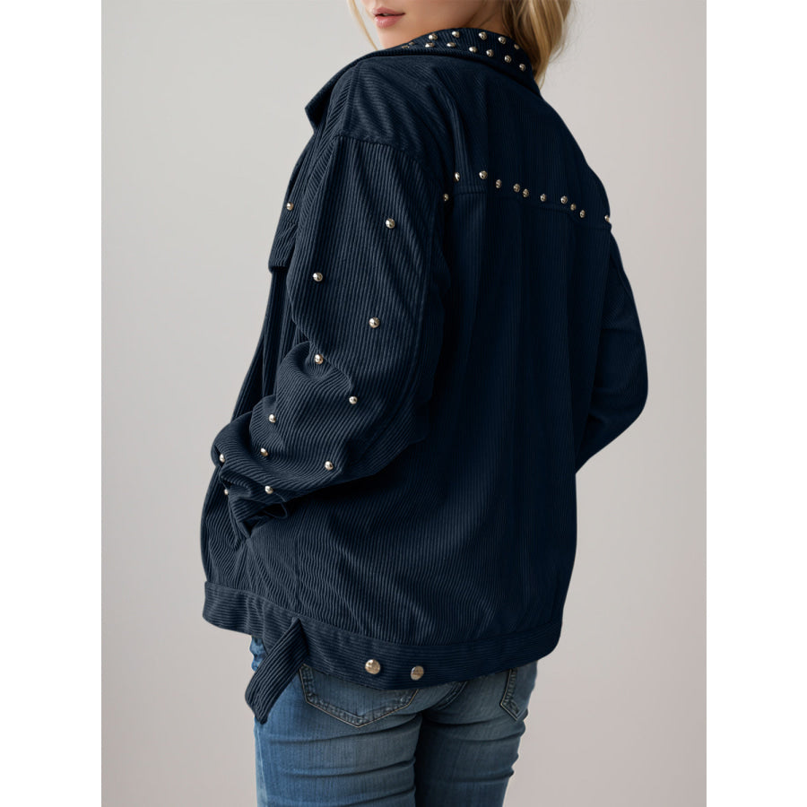 Studded Collared Neck Button Up Jacket Apparel and Accessories