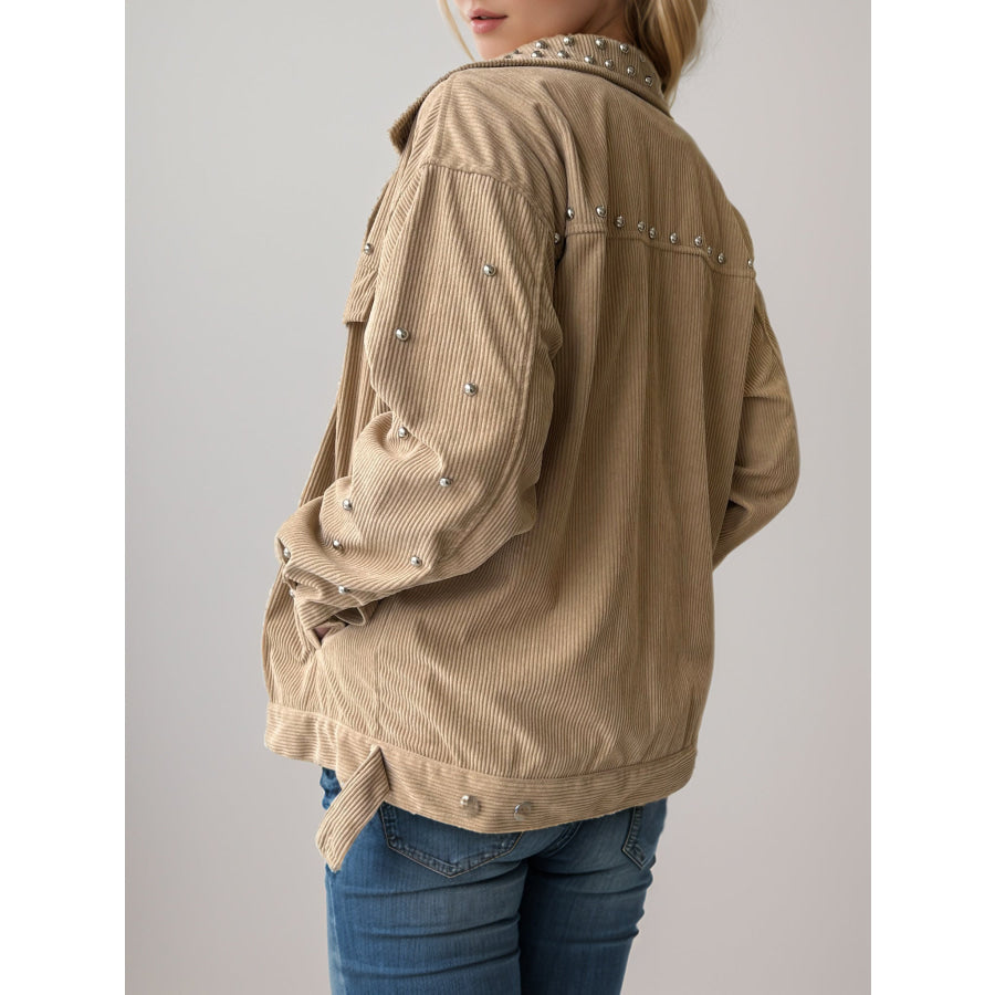 Studded Collared Neck Button Up Jacket Tan / S Apparel and Accessories