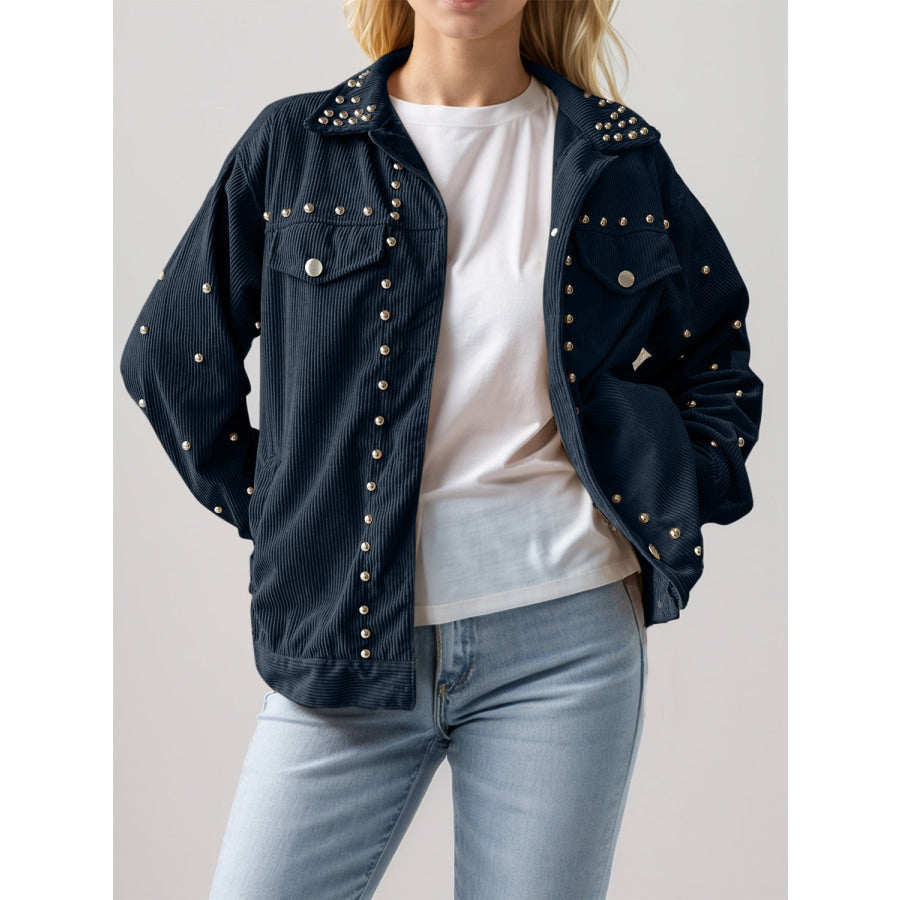 Studded Collared Neck Button Up Jacket Apparel and Accessories