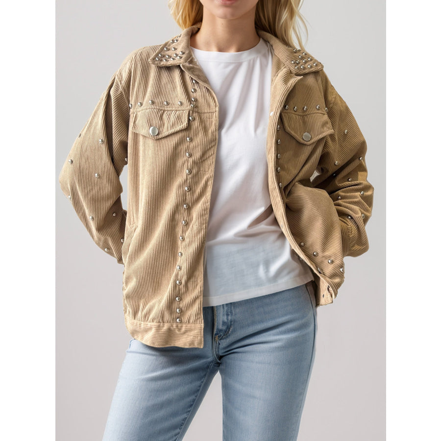 Studded Collared Neck Button Up Jacket Tan / S Apparel and Accessories