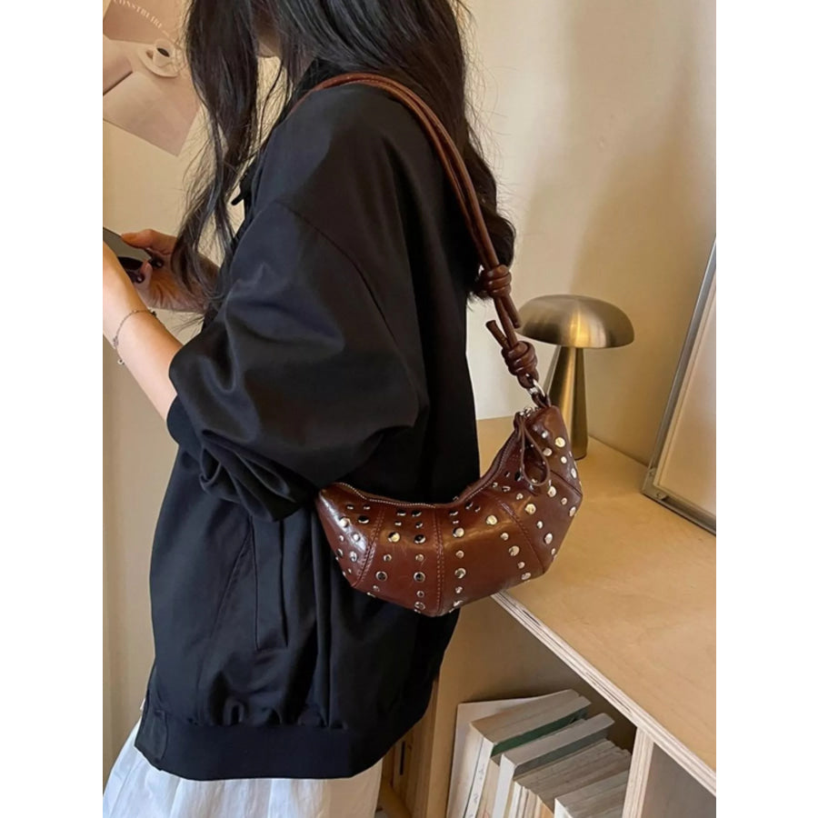 Studded Crescent Shoulder Bag Brown / onesize Apparel and Accessories