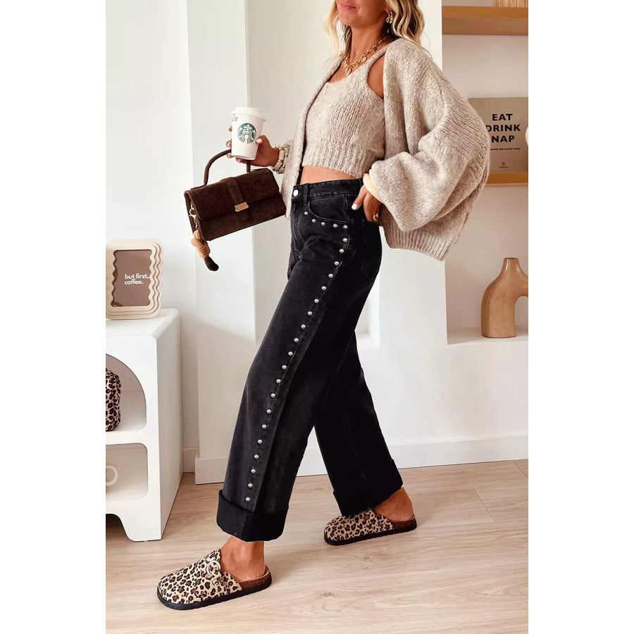 Studded Detail Straight Leg Casual Loose Jeans Apparel and Accessories