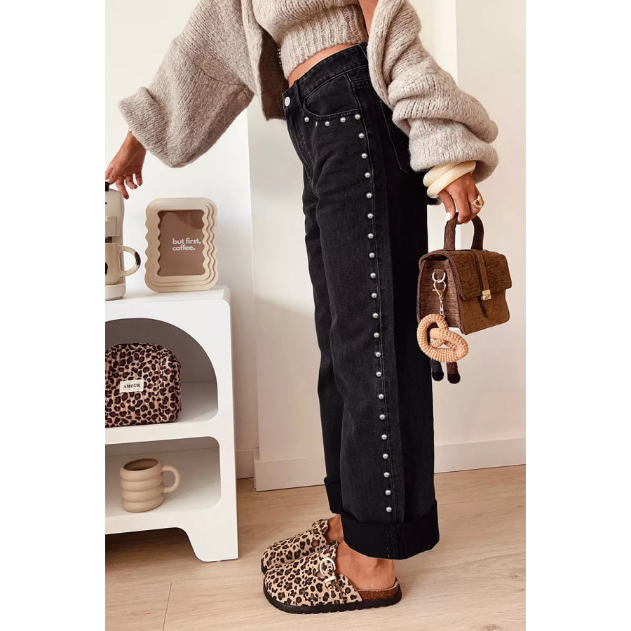 Studded Detail Straight Leg Casual Loose Jeans Apparel and Accessories