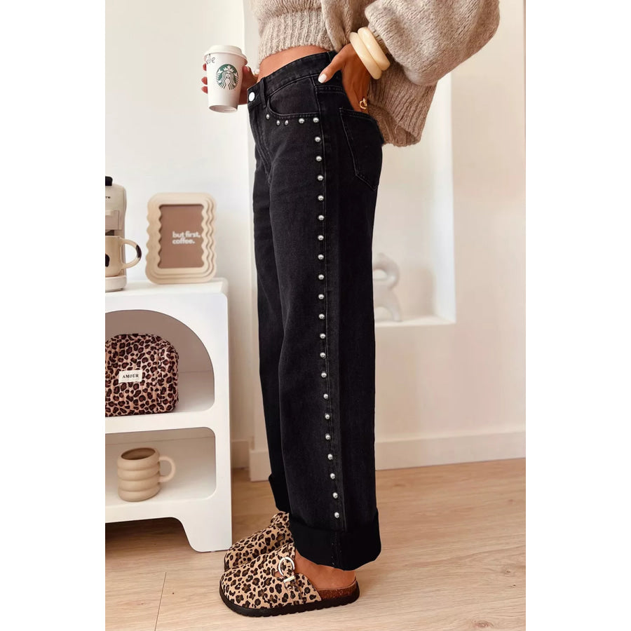 Studded Detail Straight Leg Casual Loose Jeans Black / 4 Apparel and Accessories