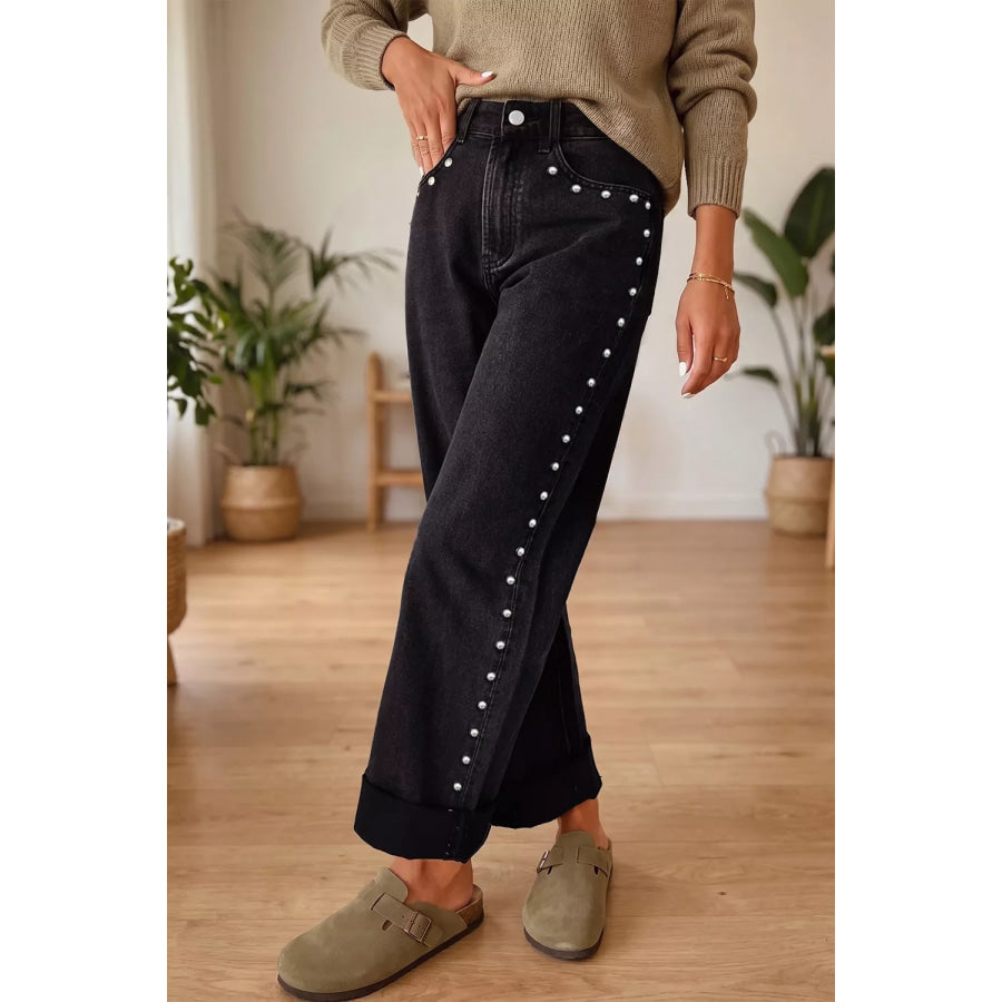 Studded Detail Straight Leg Casual Loose Jeans Black / 4 Apparel and Accessories