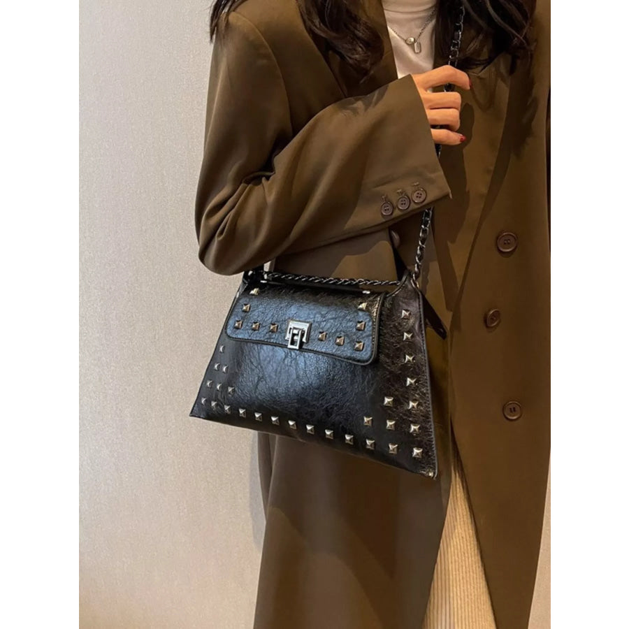 Studded Flap Chain Shoulder Bag Black / One Size Apparel and Accessories