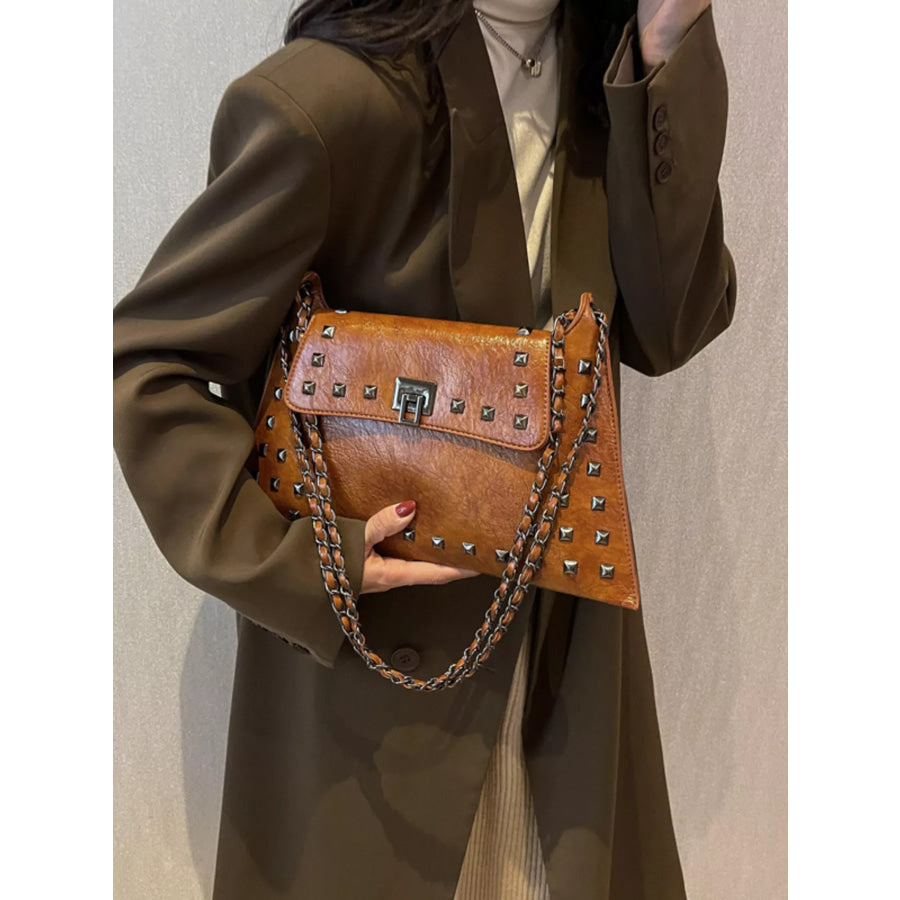 Studded Flap Chain Shoulder Bag Brown / One Size Apparel and Accessories