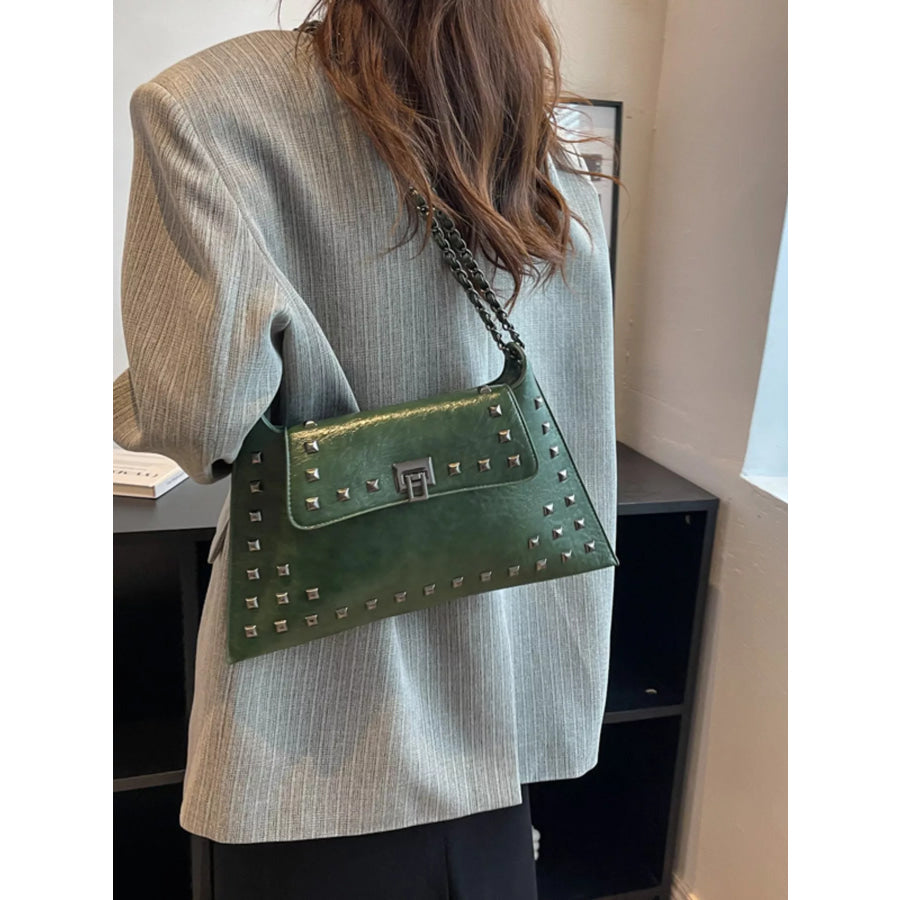 Studded Flap Chain Shoulder Bag Green / One Size Apparel and Accessories