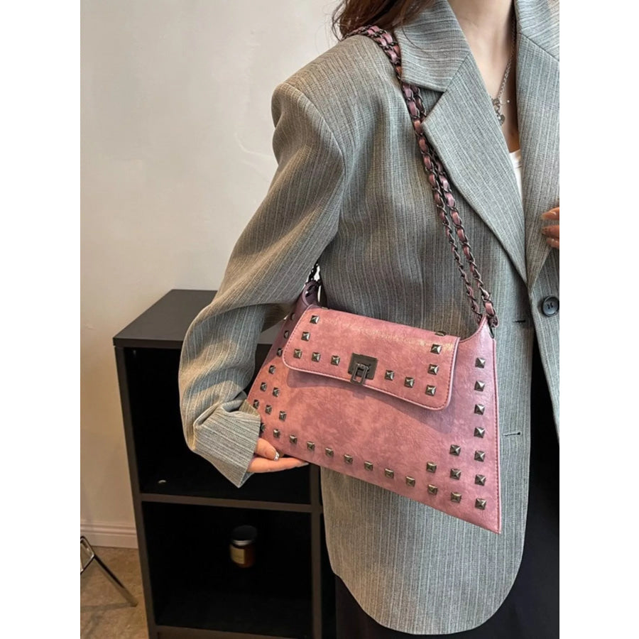 Studded Flap Chain Shoulder Bag Pink / One Size Apparel and Accessories