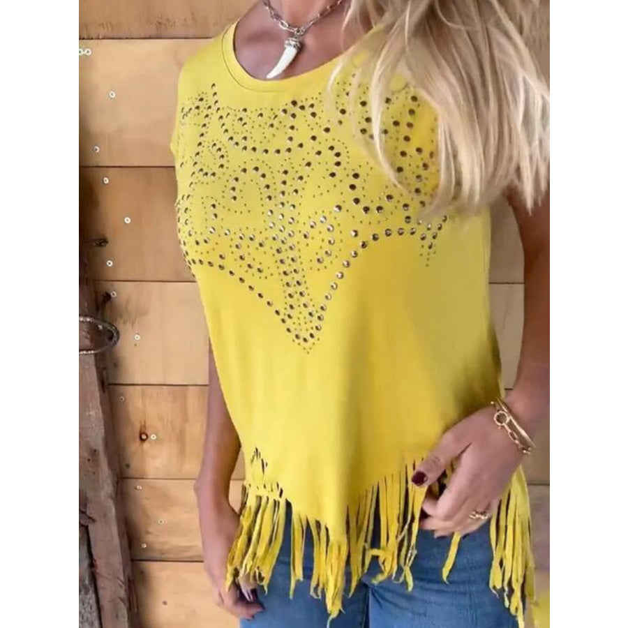 Studded Fringe Round Neck Cap Sleeve T-Shirt Apparel and Accessories