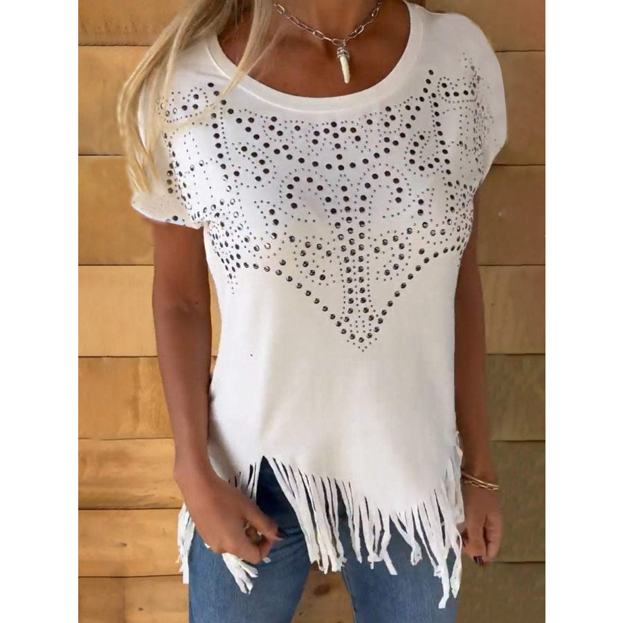 Studded Fringe Round Neck Cap Sleeve T-Shirt White / S Apparel and Accessories