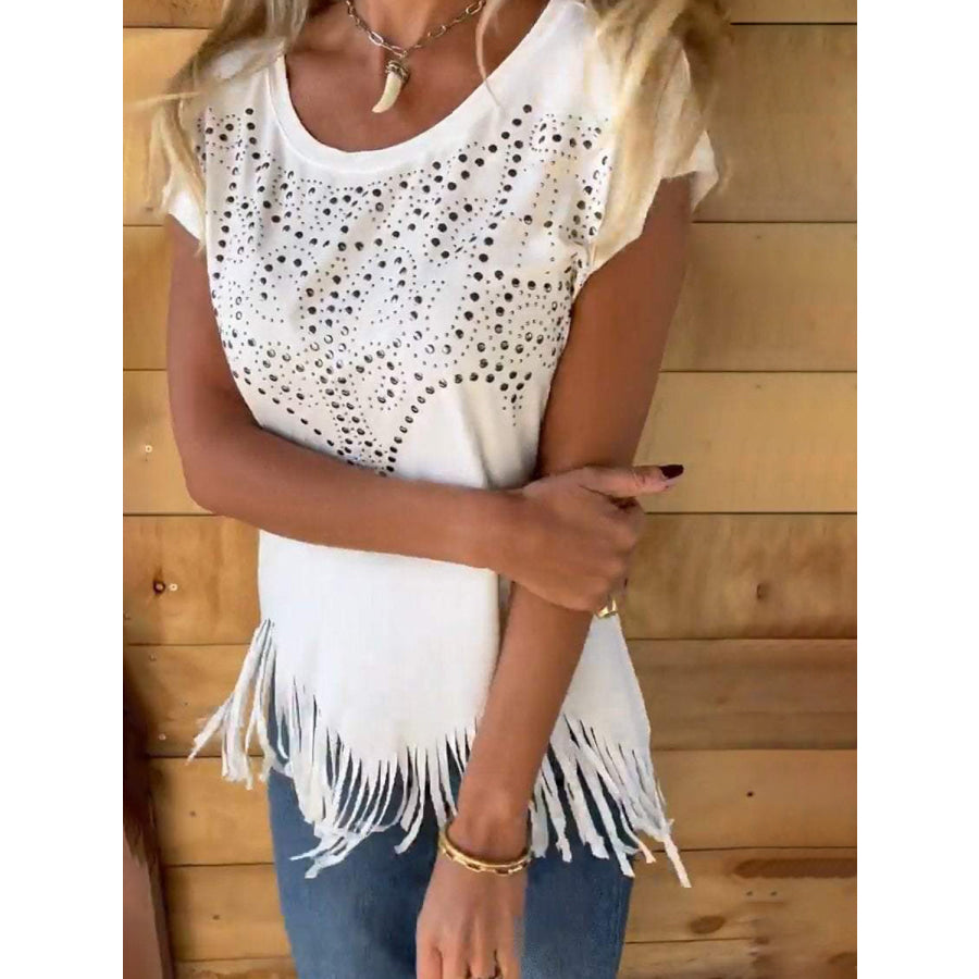 Studded Fringe Round Neck Cap Sleeve T-Shirt Apparel and Accessories