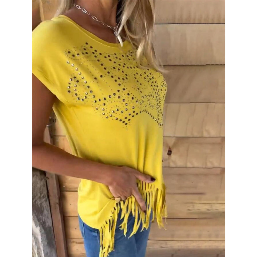 Studded Fringe Round Neck Cap Sleeve T-Shirt Yellow / S Apparel and Accessories