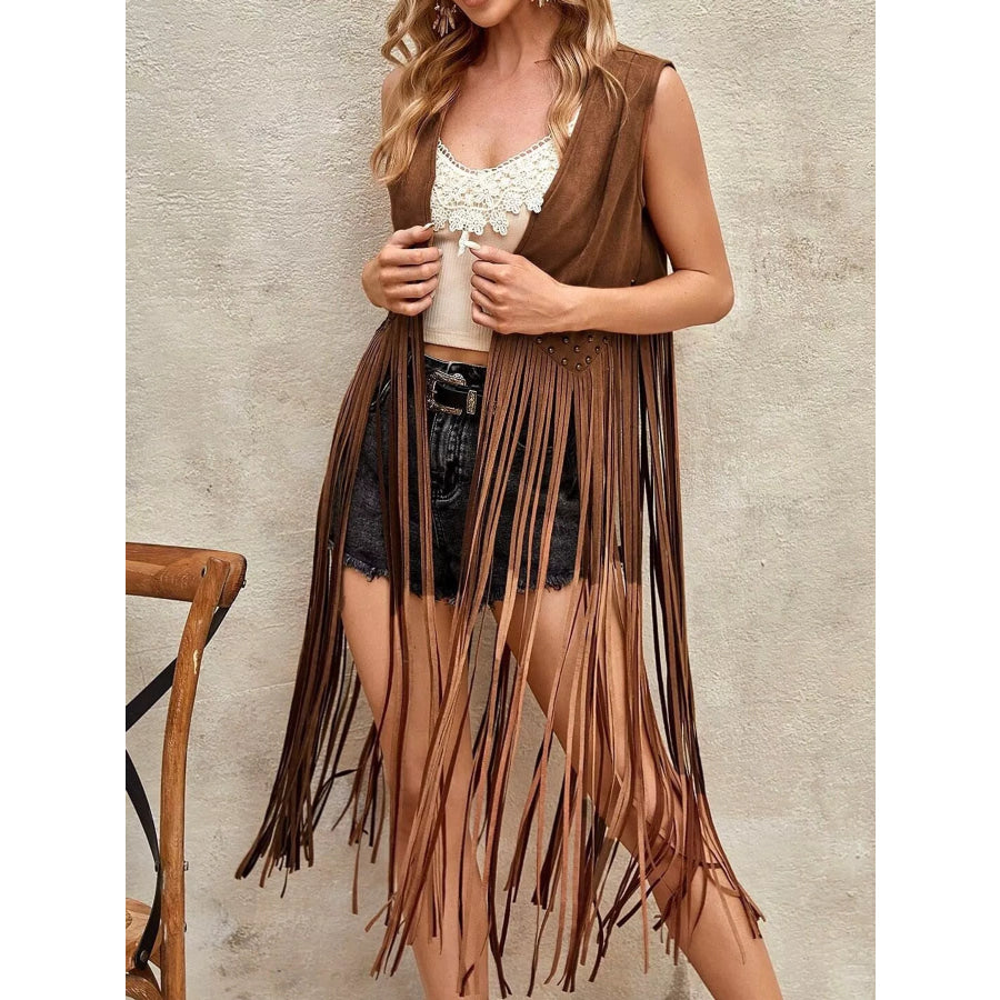 Studded Fringe Vest Coat Dark Brown / S Apparel and Accessories
