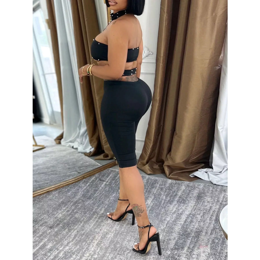 Studded Halter Cut-Out Romper Black / S Apparel and Accessories