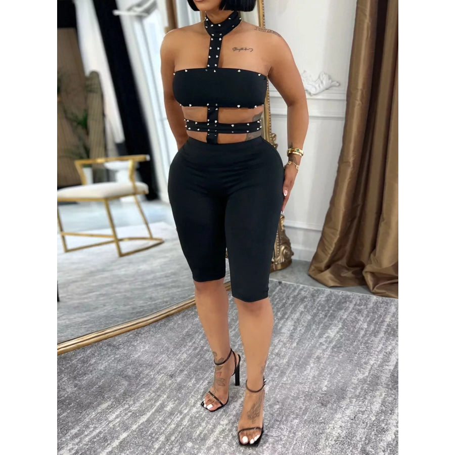 Studded Halter Cut-Out Romper Black / S Apparel and Accessories