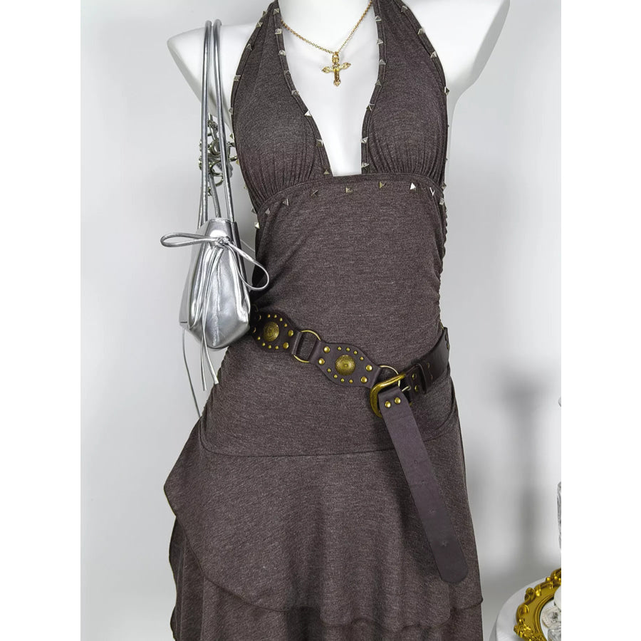 Studded Halter Neck Ruffle Hem Mini Dress Apparel and Accessories