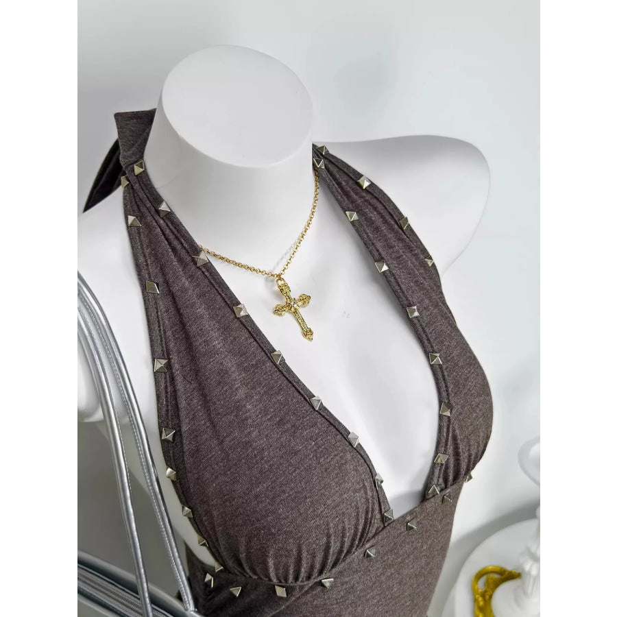 Studded Halter Neck Ruffle Hem Mini Dress Apparel and Accessories