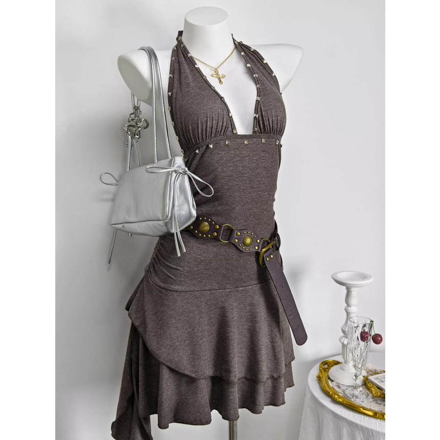 Studded Halter Neck Ruffle Hem Mini Dress Apparel and Accessories