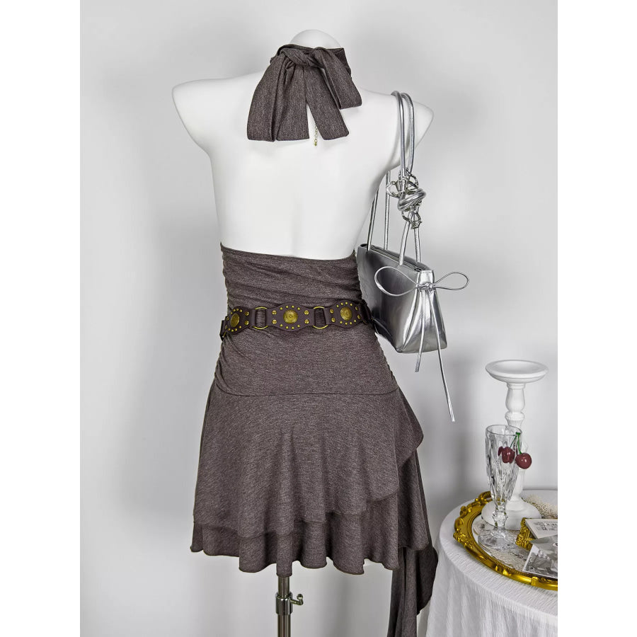 Studded Halter Neck Ruffle Hem Mini Dress Apparel and Accessories