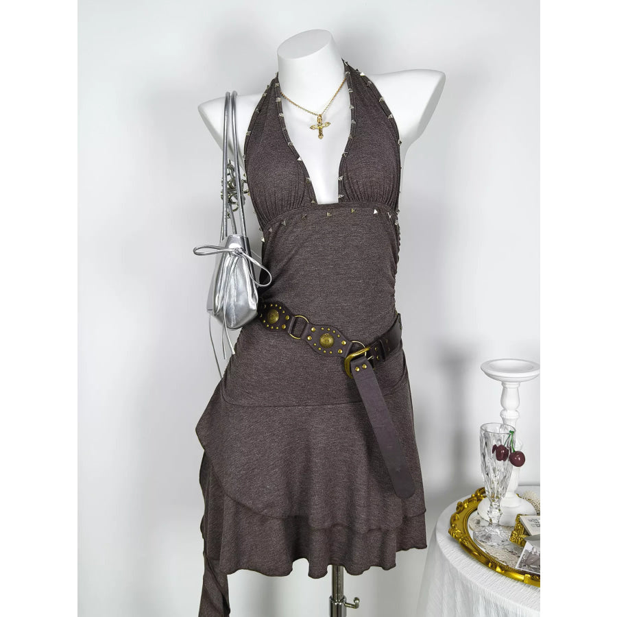 Studded Halter Neck Ruffle Hem Mini Dress Brown / S Apparel and Accessories
