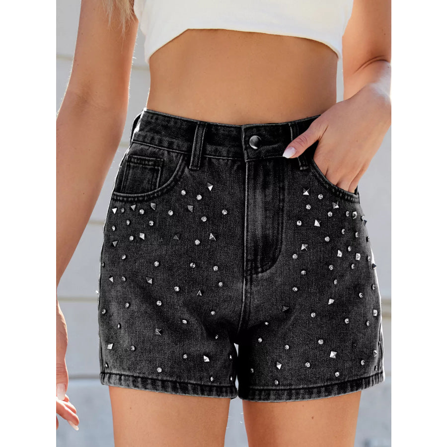 Studded High Waist Denim Shorts Apparel and Accessories